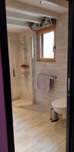 Salle d'eau du rez-de-chaussée avec douche et WC, vue depuis le séjour